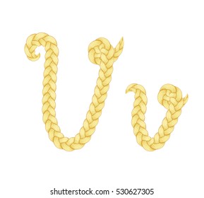 Braids font. Alphabet made from hairstyle plaits. Braided hair font. Letter V