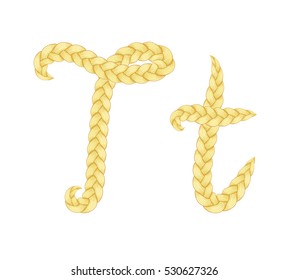 Braids font. Alphabet made from hairstyle plaits. Braided hair font. Letter T