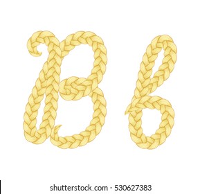 Braids font. Alphabet made from hairstyle plaits. Braided hair font. Letter B