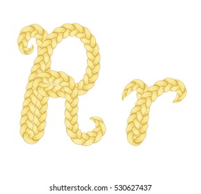 Braids font. Alphabet made from hairstyle plaits. Braided hair font. Letter R