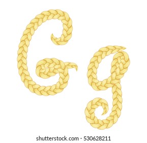 Braids font. Alphabet made from hairstyle plaits. Braided hair font. Letter G