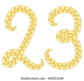 Braids font. Alphabet made from hairstyle plaits. Digits 2, 3