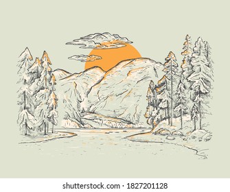 Braies Lake (Lago di Braies). Dolomites, South Tyrol, Italy. Romantic nature landscape. Vector sketch landscape with mountains, lake, sun and fir-trees. Hand drawn illustration. 