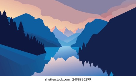 Braies Pragser Wildsee lake. Majestic summer sunrise in Fanes-Sennes-Braies national park, Dolomiti Alps, South Tyrol, Italy, Europe flat vector illustration