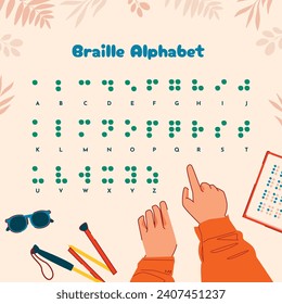 Alfabeto braille. Lengua Braille. Símbolos del sistema de escritura con problemas visuales en Braille. Lectura ciega. Cartas para ciegos. Ilustración vectorial. alfabeto ciego, alfabeto braille.