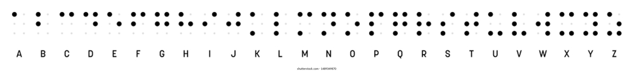 Braille alphabet letters in a row. Braille is a tactile writing system used by blind or visually impaired people. Vector illustration in black and white.