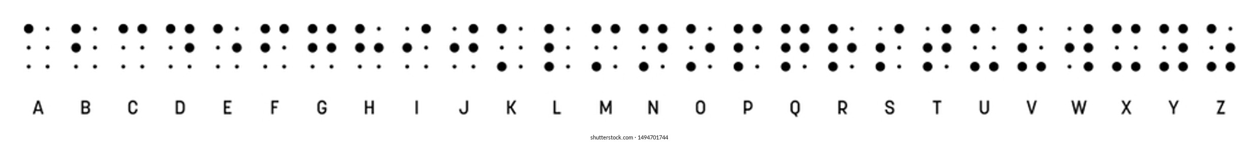 Letras do alfabeto em Braille seguidas. Braille é um sistema de escrita tátil usado por pessoas cegas ou com deficiência visual. Ilustração vetorial em preto e branco.