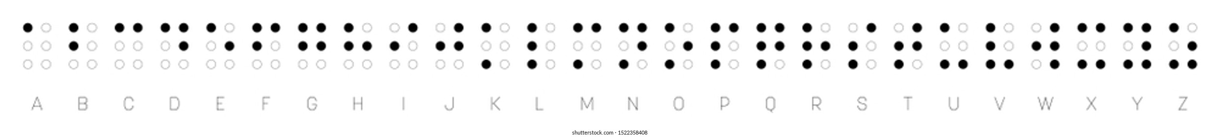 Braille alphabet letters in a row. Braille is a tactile writing system used by blind or visually impaired people. Vector illustration in black and white.