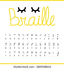 Braille alphabet, numbers 0 to 9 and punctuation. Decorated with lettering with eyes closed.
