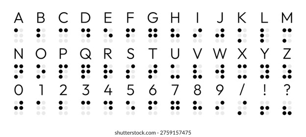 Braille alphabet with numbers and characters. Braille reading system with letters and numbers. Tactile alphabet system for blind or visually impaired people. Vector