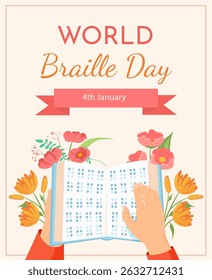 Braille book. Blind disabled person language world day poster, impaired visual man hand touch read text script system learning books library cartoon vector illustration