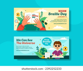 Banner horizontal Braille Day Plano de caricaturas planas plantillas dibujadas fondo Ilustración