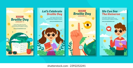 Braille Day Social Media Stories Flat Cartoon Hand Drawn Templates Background Illustration
