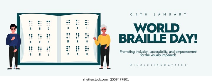 Braille Day. World Braille Day awareness cover with Blind People, Braille Dot book. Blind people educational book. Braille education resources or disability rights post. 4th January