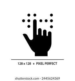 Braille fingertouch language black glyph icon. Vision loss special needs. Lifelong healthcare, lifestyle medicine. Silhouette symbol on white space. Solid pictogram. Vector isolated illustration