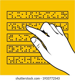 Braille font inscription, reading book by finger, blind people font, hand and braille text, vector