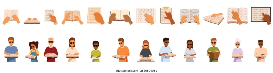  Braille hands icons set. Diverse group of blind people enjoying literature, using braille books and braille alphabet