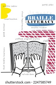 Braille literacy awareness. Dual media learners.Poster art in kid style