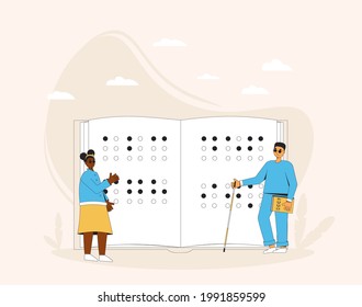 Alfabetización en Braille. Adolescentes ciegos con un libro enorme. Jóvenes con lectura de discapacitados. Ilustración vectorial.