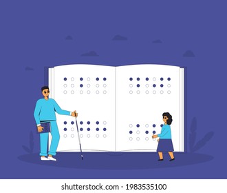 Braille literacy. Blind young man and girl with huge book. Vector illustration.