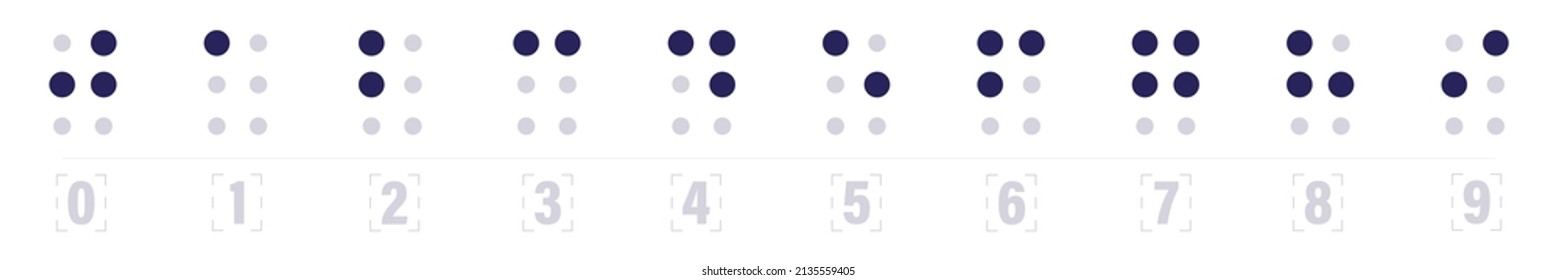 Braille number symbols. Tactile writing system used by visually impaired people icon set. Isolated vector illustration