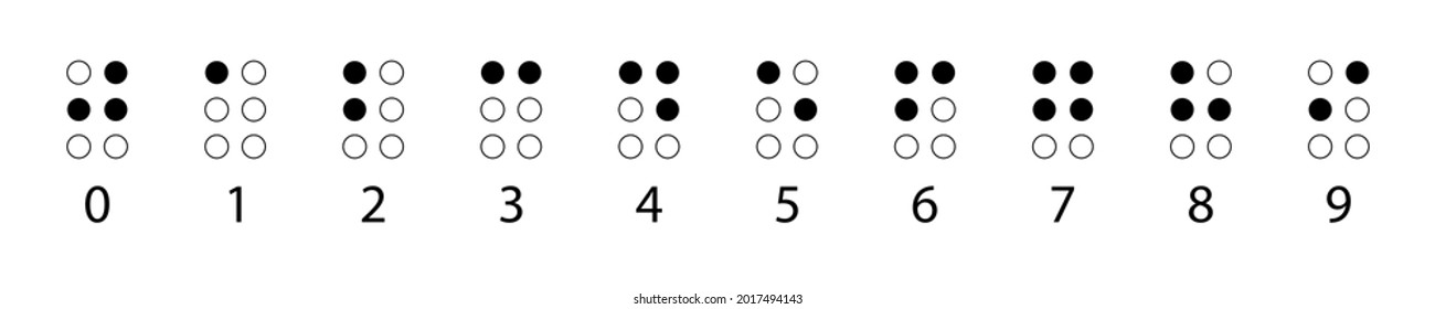 Braille numbers in a row. Tactile writing system used by people who are blind or visually impaired. Vector illustration in black and white