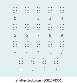 Braille numbers. Tactile writing system used by people who visually impaired. Vector illustration on white background