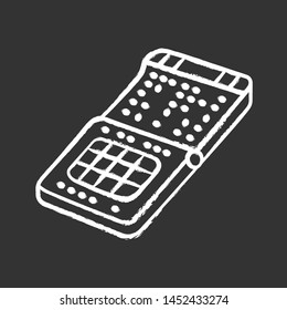 Braille print smartphone chalk icon. Phone with braille, tactile display, screen. Blind person gadget, technological advancement. Blind oriented mobile phone. Isolated vector chalkboard illustration