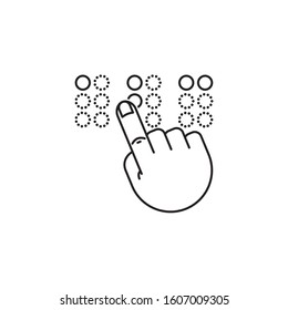 Icono de lectura en Braille. Símbolo de vector de contorno de letras del alfabeto braille que tocan la mano ABC. 