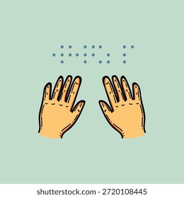 Lectura en Braille. Día mundial del braille Vector ilustración de diseño mano y Iniciar sesión un fondo verde claro. Celebración del Día Mundial del Braille Concienciación sobre la alfabetización en braille para las personas con discapacidad visual