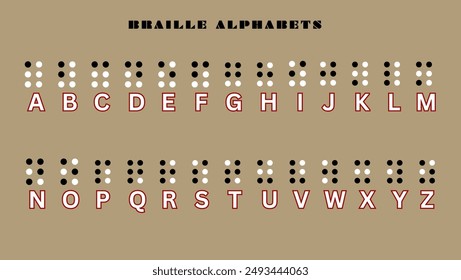 El Braille es un sistema de escritura táctil utilizado por personas ciegas o con problemas visuales. Vector alfabético Braille. Alfabeto Braille para personas con discapacidad visual. 