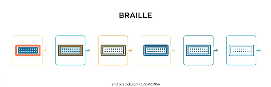 Braille-Vektorsymbol in 6 verschiedenen modernen Stilen. Schwarze, zweifarbige Braille-Symbole, die im Stil von Füllung, Umriss, Linie und Strich gestaltet wurden. Vektorgrafik kann für Web, Mobile, i
