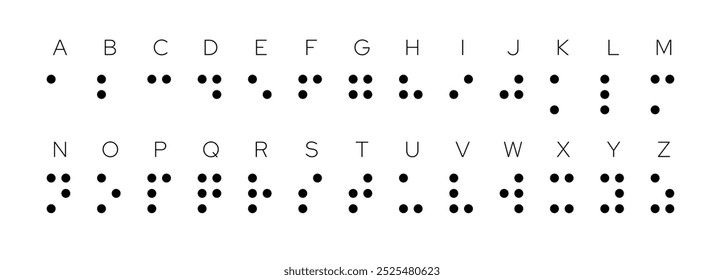 Símbolos del sistema de escritura con discapacidad visual en Braille. Idioma Braille. Lectura ciega. Cartas para Personas ciegas. Ilustración vectorial.