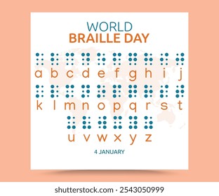 Símbolos del sistema de escritura con discapacidad visual en Braille. Idioma Braille. Lectura ciega. Cartas para Personas ciegas. Ilustración vectorial. cartel del Día Mundial del Braille. Vector del mapa mundial.