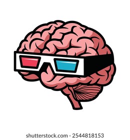 Brain with 3D Glasses Cartoon Illustration