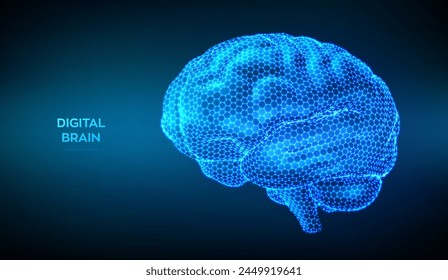 Cerebro. Cerebro humano 3D con superficie de patrón hexagonal. Cerebro digital. Inteligencia artificial y tecnología de redes neuronales. Aprendizaje automático. Idea de una lluvia de ideas. Ilustración vectorial.