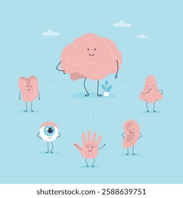 Brain and 5 Senses, template. Funny human organs mascots. Connection between mind and five senses. Touch, sight, hearing, smell and taste. Brain, hand, eye, nose, mouth and ear. vector illustration