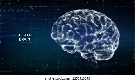 Brain. Abstract digital human brain in a distorted glitch style. Neural network. IQ testing, artificial intelligence virtual emulation technology concept. Brainstorm think idea. Vector illustration.