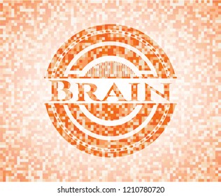 Brain abstract emblem, orange mosaic background