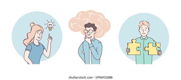 Brain activity abstract business concept vector flat illustration set. Brainstorming, problem solving, thinking and imagination,  idea, motivation and inspiration, find solution. Abstract metaphor. 