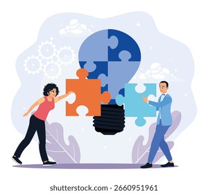 Concepto abstracto de actividad cerebral. Hombres y mujeres colaboran para armar rompecabezas y resolver problemas.