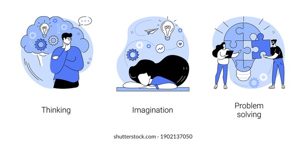 Hersenactiviteit abstract concept vector illustratie set. Denken en verbeelding, probleemoplossing, brainstormen, idee en fantasie, motivatie en inspiratie, vind abstracte metafoor voor oplossing.