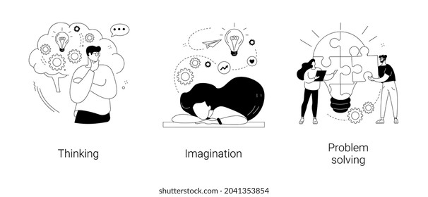 Brain activity abstract concept vector illustration set. Thinking and imagination, problem solving, brainstorming, idea and fantasy, motivation and inspiration, find solution abstract metaphor.