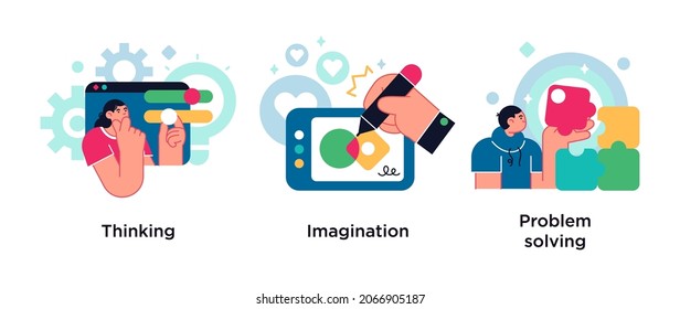 Brain activity abstract concept vector illustration set. Thinking and imagination, problem solving abstract metaphor.