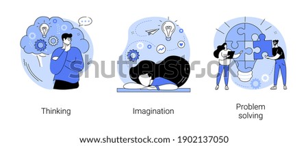 Brain activity abstract concept vector illustration set. Thinking and imagination, problem solving, brainstorming, idea and fantasy, motivation and inspiration, find solution abstract metaphor.