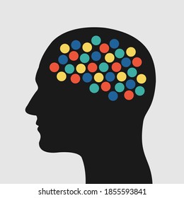 Brain activity - colorful dots and points in the head as metaphor of creativity, hyperactive thinking, mental disorder and chaotic mind. Vector illustration.