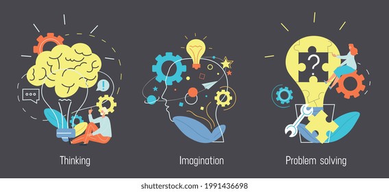 Brain activity concept. Thinking, imagination, problem solving, brainstorming, creativity, idea, motivation, inspiration, finding solution. Set of flat cartoon vector illustrations. Abstract metaphor