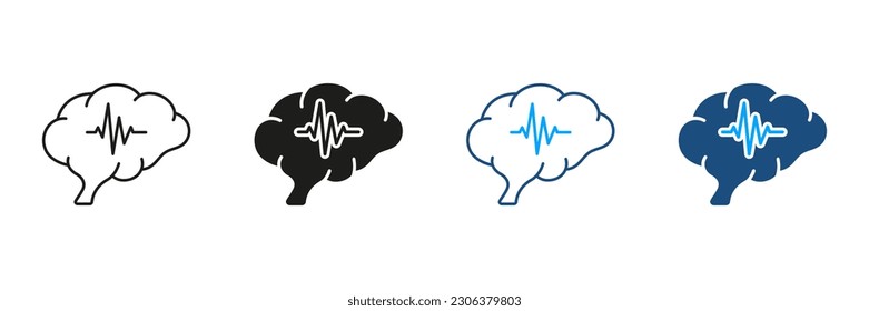 Brain Activity Diagnostic Black Symbol Collection on White Background. Human Brain with Wave Silhouette and Line Icons Set. Medical Neurology Science Pictogram. Isolated Vector Illustration.