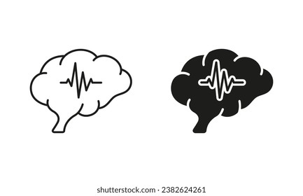 Brain Activity Diagnostic Black Symbol Collection on White Background. Human Brain with Wave Silhouette and Line Icons Set. Medical Neurology Science Pictogram. Isolated Vector Illustration.