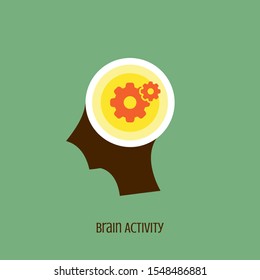 Brain activity icon concept with gears inside in the drawing of human brain isolated on green background, vector and illustration.